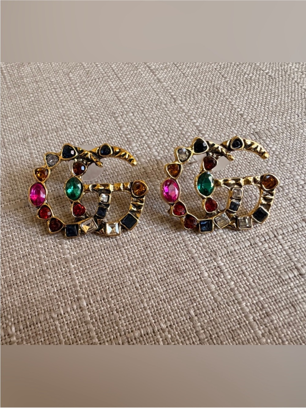 Gucci Gold-Tone Multistone Double G Brooch Pair — Pink, Green, Red, Black, Clear